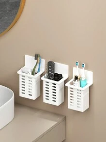 1pc Toothbrush & Toothpaste Holder With Wall-Mounted Design For Bathroom Storage, Razor+Suction Cup+Comb Hooks - White - View 2