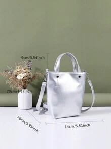 迷你水桶包金屬質感圖案雙把手 - 銀色 - 查看 5