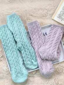 5双装冬季加厚保暖纯色日式中筒袜 - 彩色 - 查看 4
