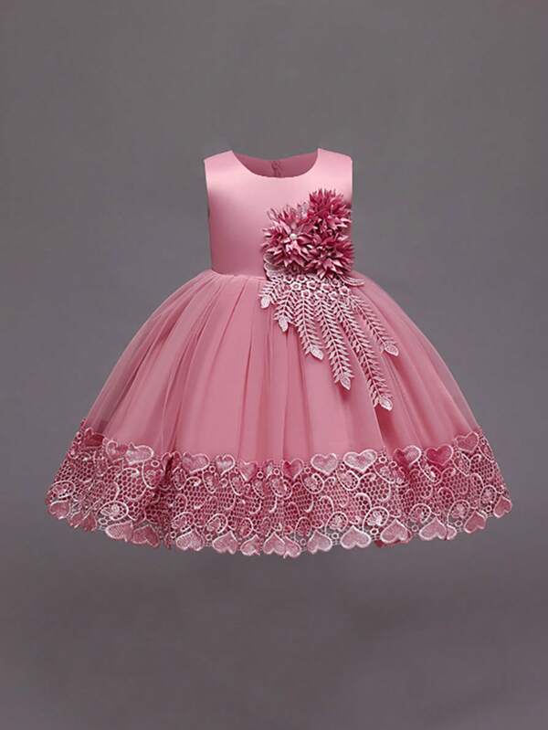 Vestido de niñas sin mangas con cuello redondo, decorado con flores, parches de malla y volumen, color liso, elegante atuendo adecuado para fiestas y eventos formales (excluye accesorios para el cabello)