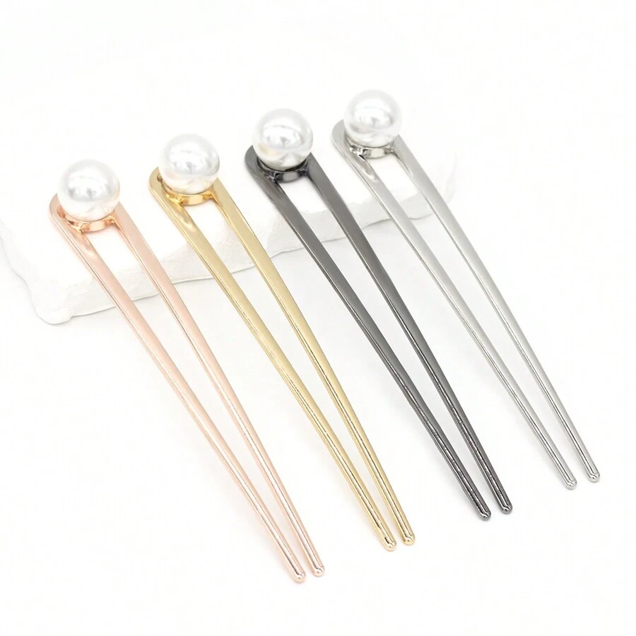 1 件女用 14 公分 * 2 公分合金 U 型髮夾,帶有大珍珠裝飾,適合日常古典中式高髻髮型 - 金色 - 查看 1