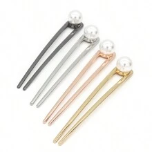 1 件女用 14 公分 * 2 公分合金 U 型髮夾,帶有大珍珠裝飾,適合日常古典中式高髻髮型 - 金色 - 查看 3