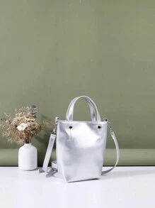 迷你水桶包金屬質感圖案雙把手 - 銀色 - 查看 2