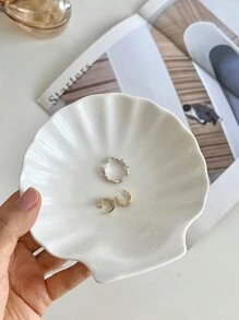 1 pieza Bandeja de joyería con forma de concha, de material cerámico, pequeña bandeja de almacenamiento, decoración para el tocador del dormitorio, regalo para el Día de San Valentín, regreso a la escuela, decoración de habitación - Blanco - Ver 4