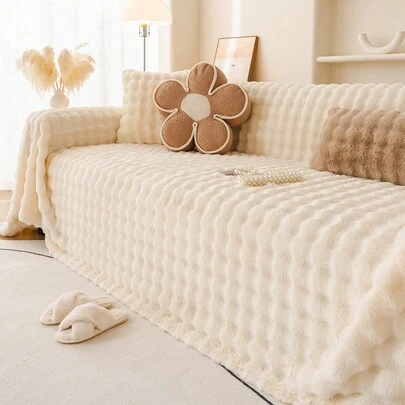 1件装浪漫婚礼季兔毛沙发毯，加厚保暖沙发套，ins风沙发毯，按摩泡泡兔毛毯