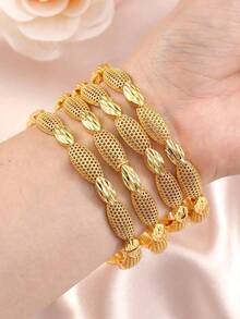 1款24k鍍金女式時尚開口手鐲,豪華婚禮配飾,適用於迪拜、非洲和歐洲 - 金色 - 查看 3