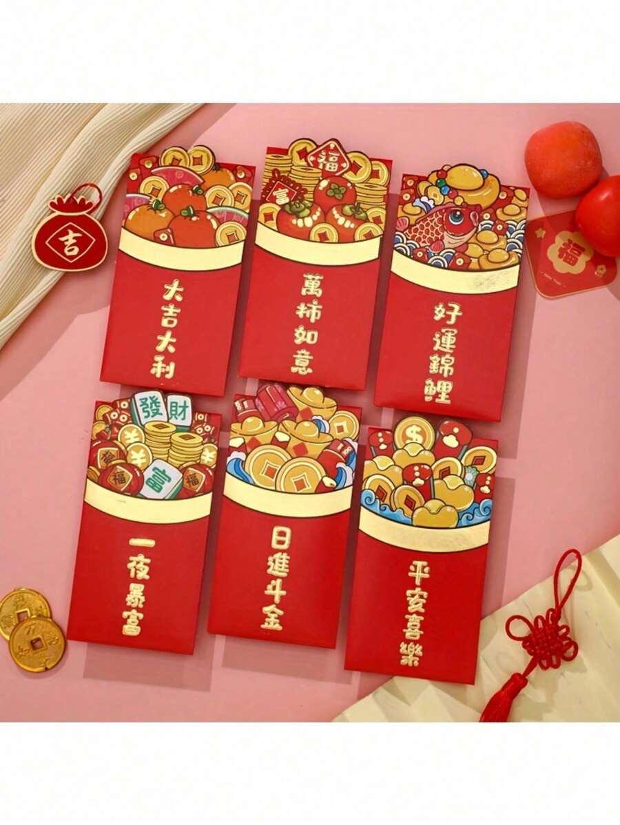 6pcs Lucky Money Bag For 2024 Chinese New Year, Adorable Cartoon Lunar