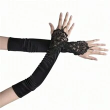 1 件长款缎面复古风格女士手套 1920 年代装扮婚礼歌剧晚会服装手套女士秋季服装 - 黑色 - 查看 2