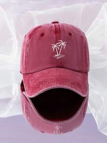 1pc Unisex Y2k Style Embroidered Coconut Tree Washed Baseball Cap, Suitable For Outdoor Sports, Sun Protection, Daily Commute, Wine Red Casual - Burgundy - View 3