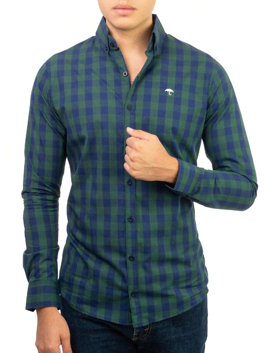 Men's Casual Slim Fit Green And Blue Plaid Shirt - 綠色 - 查看 1