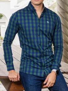 Men's Casual Slim Fit Green And Blue Plaid Shirt - 綠色 - 查看 6