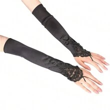 1 件长款缎面复古风格女士手套 1920 年代装扮婚礼歌剧晚会服装手套女士秋季服装 - 黑色 - 查看 1