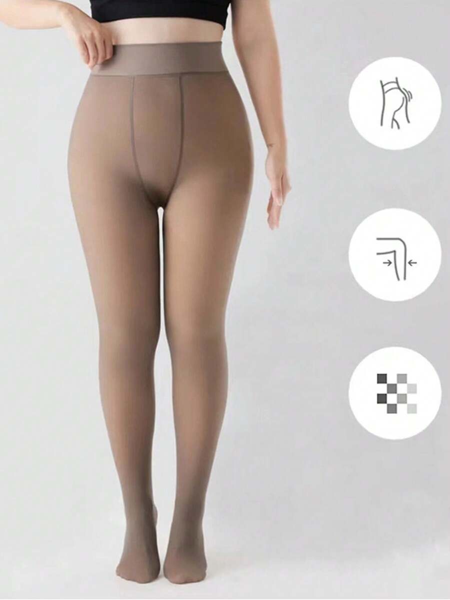 Medias Extra Grande Afelpadas Semi transparente Termicas Mujer Pantimedias Forro Polar Piel - Café integral - Ver 1
