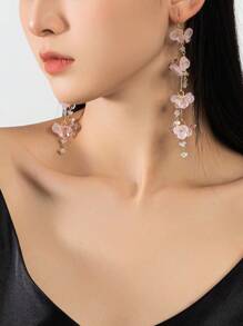 1pair Fashionable Flower Shaped Crystal Long Elegant Earrings For Women, Great Gift For Friends And Family - Pink - View 2