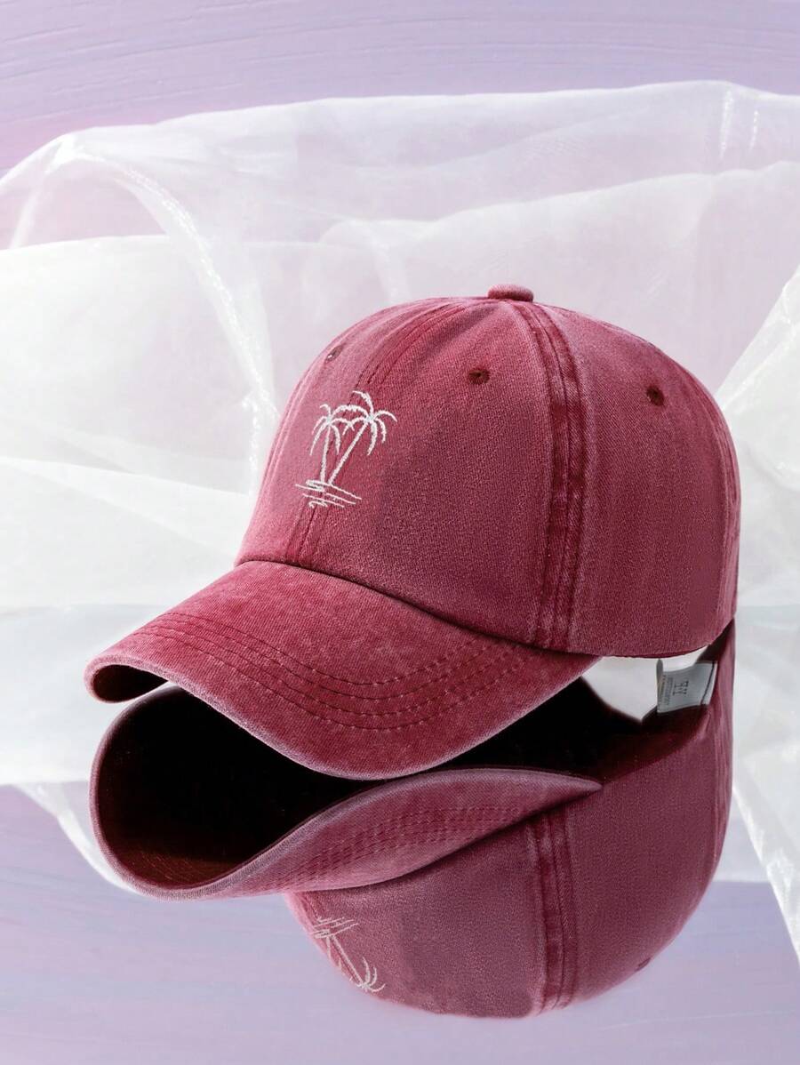 1pc Unisex Y2k Style Embroidered Coconut Tree Washed Baseball Cap, Suitable For Outdoor Sports, Sun Protection, Daily Commute, Wine Red Casual - Burgundy - View 1