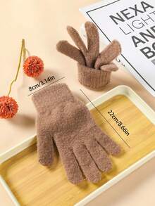 1 双仿羊绒冬季保暖全指触屏纯色针织手套男女款 - 棕色 - 查看 4