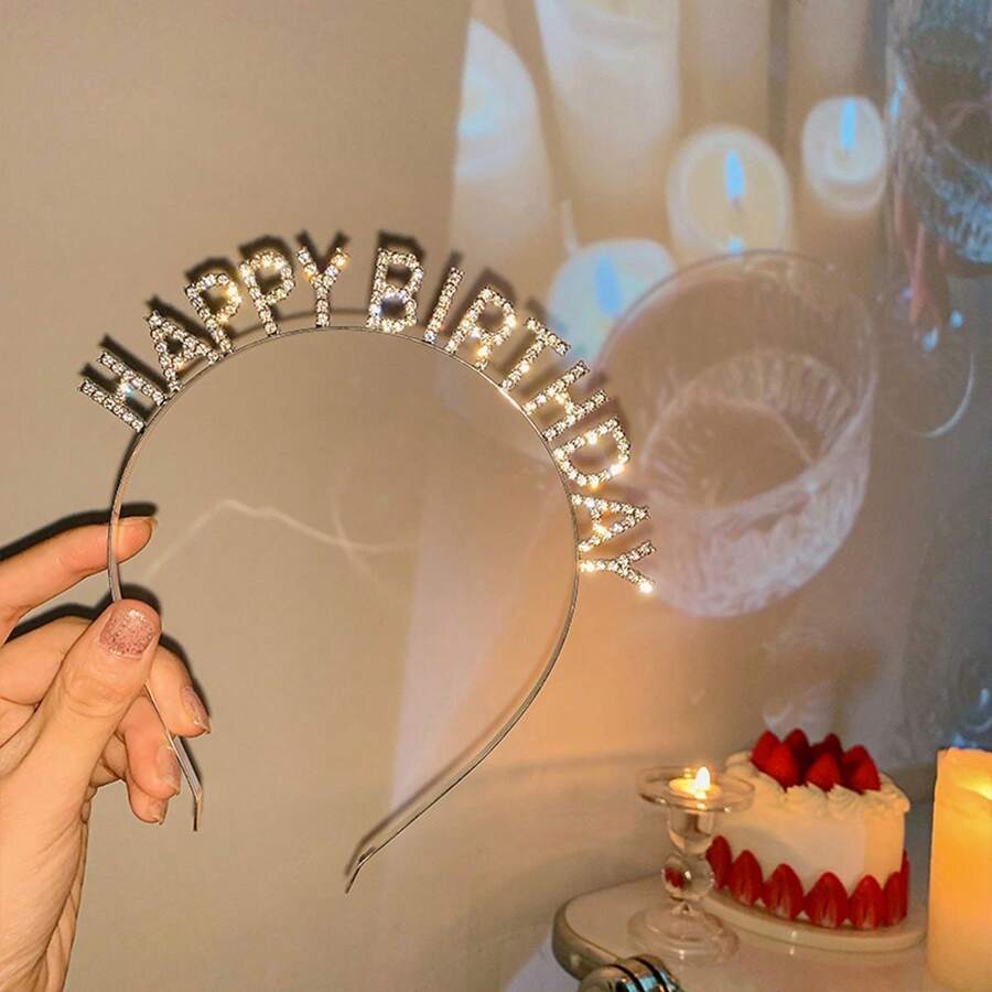 1pc Happy Birthday Alphabet Rhinestone Headband, High-Grade Party Photo Props For Birthday Party, Photography Studio Use Tiaras,Hairband,Hair Hoop Headbands Hair Accessories Head Accessories - Silver - View 1