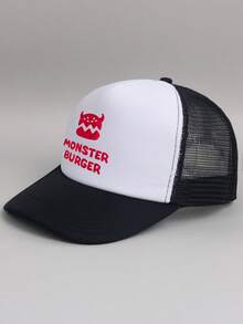 男女通用印花彩色汉堡恶魔加字母棒球帽，单顶装。个性化简约配色透气网眼帽。卡车帽 - 黑與白 - 查看 2