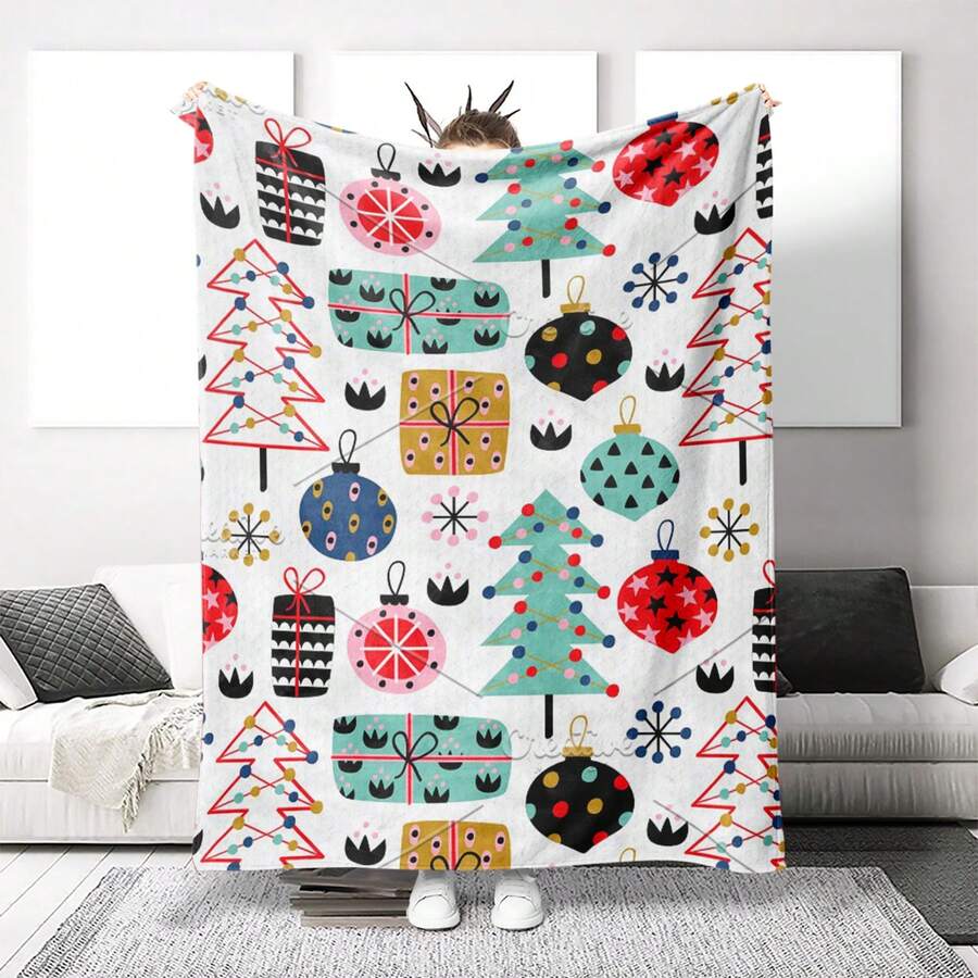 1條白色聖誕禮物圖案的毯子,舒適可愛的矩形法蘭絨沙發套,適用於萬聖節和聖誕節禮物 - 白色 - 查看 1