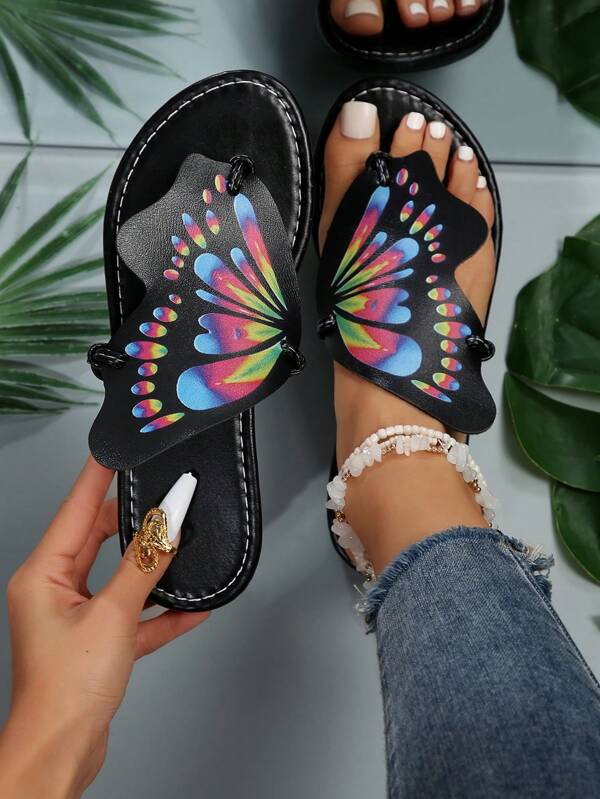 Zapatillas cómodas y planas para mujer con estampado de mariposas, moda 2024 y estilo simple todo en  para damas, ideales para la playa