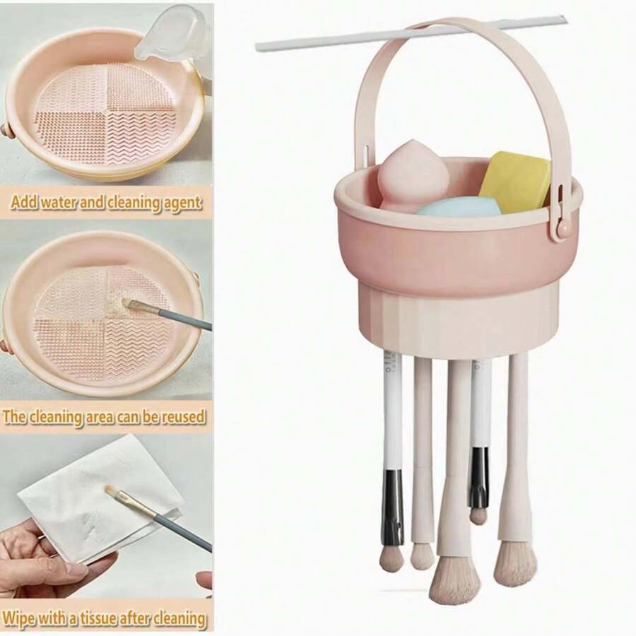 Xô rửa đa năng có móc treo cọ, thích hợp dùng làm giá đựng cọ trang điểm trên bàn làm việc, giá phơi khô bông trang điểm, cọ và dụng cụ vệ sinh, quà tặng kèm theo. - Màu be - Xem 1