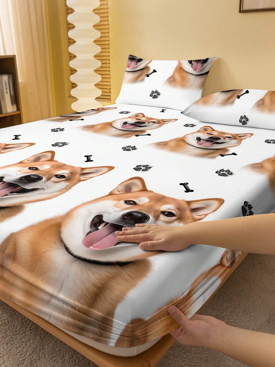 1 peça Lençol Ajustado Estampado com Padrão de Cachorro em Estilo Simples e da Moda, Capa de Poeira para Têxteis Domésticos de Quarto - Multicolorido - Visão 1