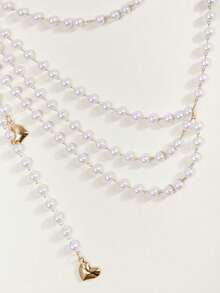 1pc Lady's European And American Style Waist Chain With Alloy Heart Pendant, Pearl & Wave Tassel, 105cm Length - Gold - View 5