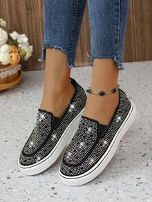 鑲嵌水晶的女士休閒步行鞋,時尚運動鞋,舒適的平底運動鞋,低幫保護性聚會鞋,閃亮紋理和水晶花紋 - 黑色 - 查看 3