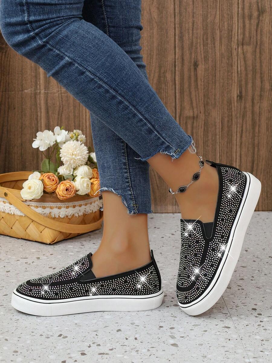 鑲嵌水晶的女士休閒步行鞋,時尚運動鞋,舒適的平底運動鞋,低幫保護性聚會鞋,閃亮紋理和水晶花紋 - 黑色 - 查看 1