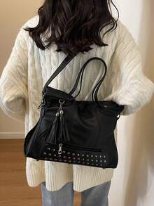 New Arrival Casual Retro Fashion Mini Tassel Rivet Handbag Shoulder Bag - Black - View 8
