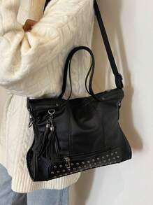 New Arrival Casual Retro Fashion Mini Tassel Rivet Handbag Shoulder Bag - Black - View 9