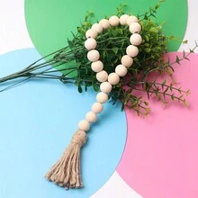 2入組手工製作的天然麻繩木珠流蘇花環家居裝飾掛飾,窗簾繩帶,適用於客廳和餐廳 - 米色14mm - 查看 1