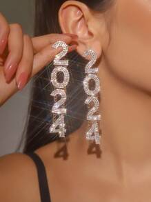 1pair Cross-Border Sparkling Diamond-Covered Year Number Earrings, Versatile 2024 Charm Ear Jewelry - Gold - View 1