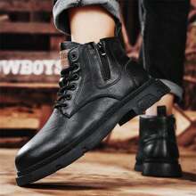 男士美式靴子復古風格厚底增高哥德式工作鞋高筒皮鞋品牌靴子英倫風格 - 黑色 - 查看 11