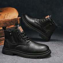 男士美式靴子復古風格厚底增高哥德式工作鞋高筒皮鞋品牌靴子英倫風格 - 黑色 - 查看 3