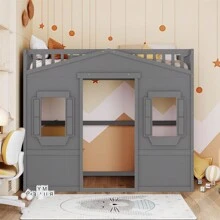 Twin Size House Loft Bed With Ladder - Grey - View 4