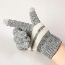1 件条纹冬季针织触屏手套，带保暖内衬，保暖又时尚，适合寒冷天气 - 灰色 - 查看 4