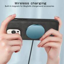 磁吸皮革殼，適用於 iPhone 15 14 13 12 Pro Max Plus，支援 MagSafe，附有復古皮革相機邊框，精密打造高級手機保護套，薄型設計，薄荷綠色 - 薄荷綠 - 查看 2