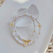 欧美流行款式天然珍珠项链，带新月细节，适合女士，浪漫别致串珠锁骨链，潮流 - 杏色 - 查看 3