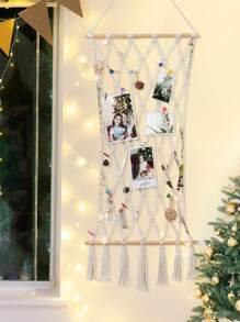 SUMGAR Makramee Wandbehang Boho Fotowand Collage mit 30 Holzklammern Gewebte Wandrahmen Modern Natur Bilderrahmen Collage Hochzeitsfeier Fotoseil Hängender Boho Deko, 42 x 100cm