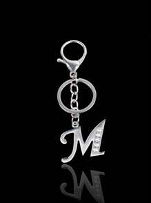 Llave creativa de una pieza de la calle con 26 letras brillantes y llavero de letra capital hueca con diamantes de imitación, regalo personalizado adecuado para todo tipo de personas - Plateado - Ver 34