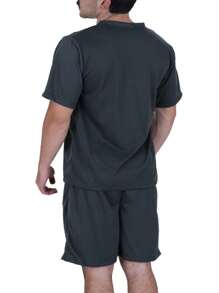Men's Short Pajama Set - Adult Short-Sleeved V-Neck Shirt And Shorts - Dark Green - View 3