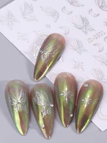 Metallic Silver Star Moon Nail Stickers 6pcs Y2k Style Flame Butterfly Star Boho Design 3D Decals Slider Nail Art Decoration DIY - Silver - View 8