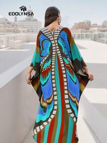 Butterfly Print Split Hem House Dress Kaftan Vacation - Multicolor - View 6