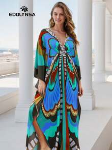 Butterfly Print Split Hem House Dress Kaftan Vacation - Multicolor - View 7