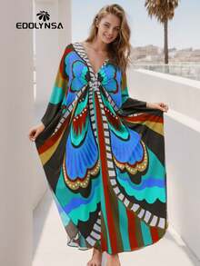 Butterfly Print Split Hem House Dress Kaftan Vacation - Multicolor - View 5