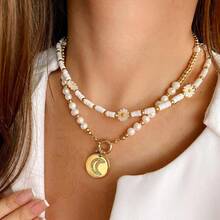 欧美流行款式天然珍珠项链，带新月细节，适合女士，浪漫别致串珠锁骨链，潮流 - 杏色 - 查看 6