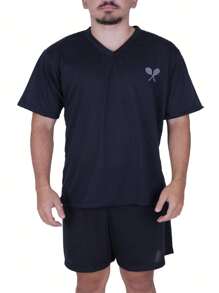 Men's Short Pajama Set - Adult Short-Sleeved V-Neck Shirt And Shorts - Hitam - View 2