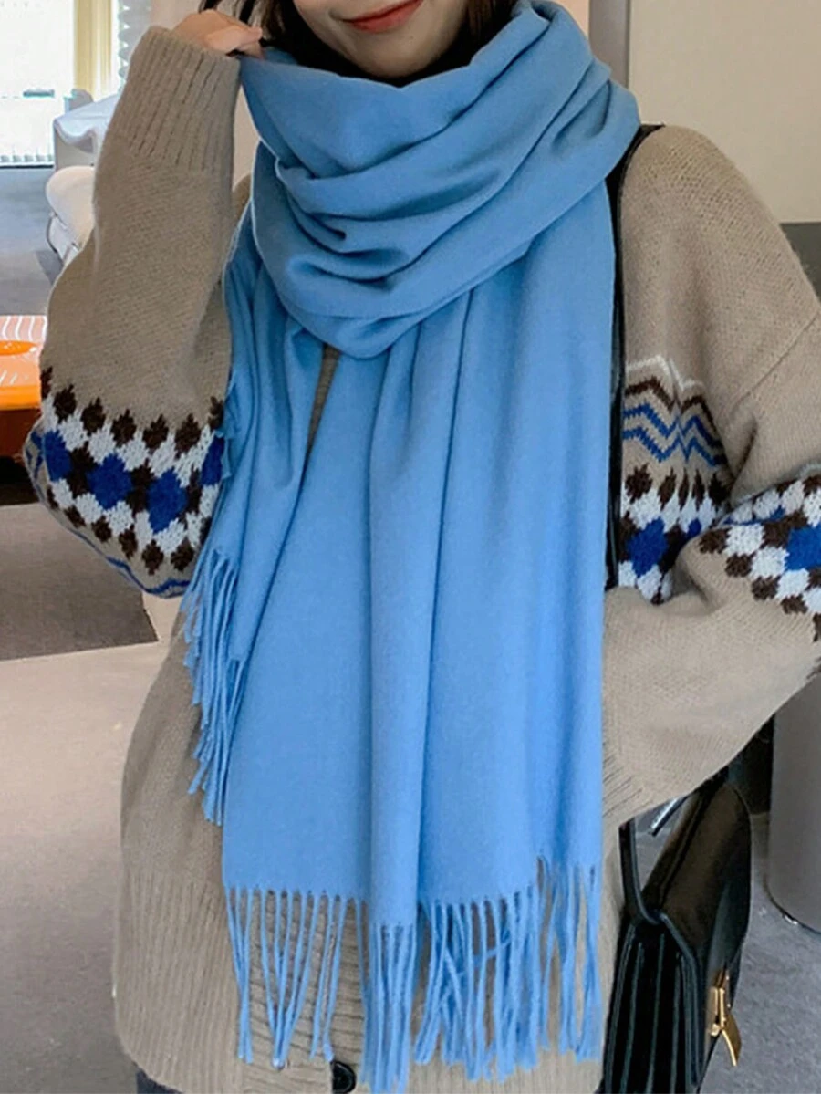 1入組女性水滴披肩素面米色長圍巾，冬季保暖圍巾，簡約街頭配件 - 淺藍色 - 查看 1