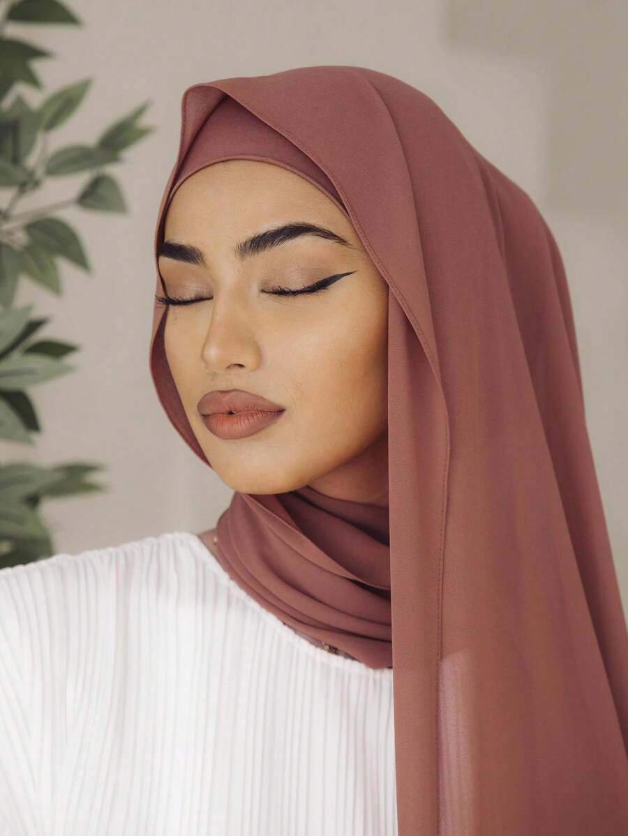 1pc Ladies' Solid Color Faux Pearl Embellished Chiffon Scarf, Suitable For Daily Wear Headband Soft Hijab For Abaya Women Veil - Rose Red - View 1